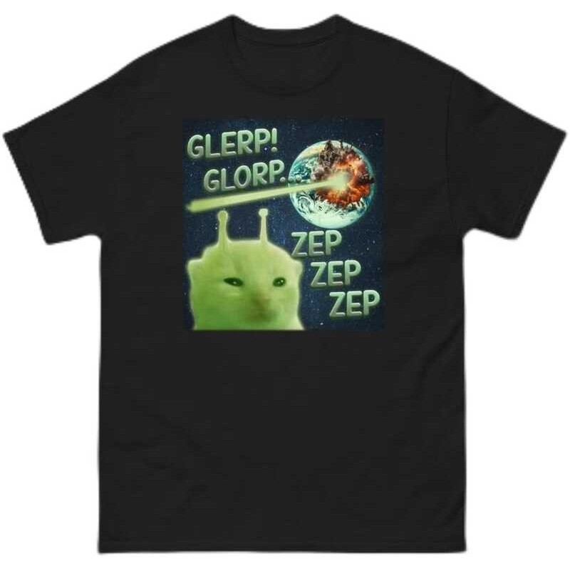 ตลก Alien Cat Meme เสื้อยืด Street All-Match Casual Fun Unisex