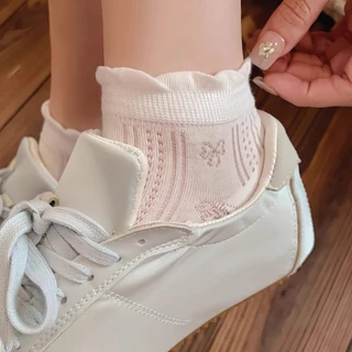 ถุงเท้าลายลูกไม้สไตล์บัลเล่ต์สีขาวยางยืดเนื้อบาง สำหรับผู้หญิงในฤดูร้อน