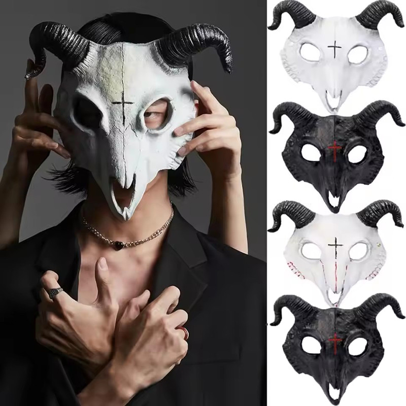 หน้ากากสยองขวัญกระดูกแกะเหมือนจริง - หน้ากากปีศาจโครงกระดูกที่น่ากลัวสําหรับเครื่องแต่งกายสวมหน้ากากแต่งตัว