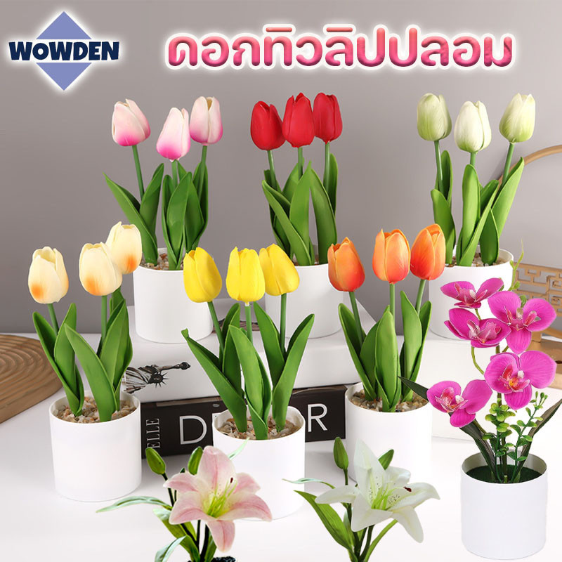 พร้อมส่ง ดอกทิวลิป ทิวลิปปลอม แพร้อมดอกไม้ 3 ดอก และกระถาง พร้อพถ่ายรูป ของตกแต่งบ้าน โต๊ะทำงาน