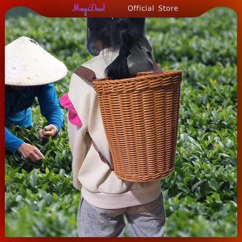 MagiDeal PP Rustic Basket กระเป๋าเป้สะพายหลัง Handmade Picnic ตะกร้าสายรัดไหล่อเนกประสงค์ที่สวยงาม Orchard Picking ตะกร้าสําหรับสวน