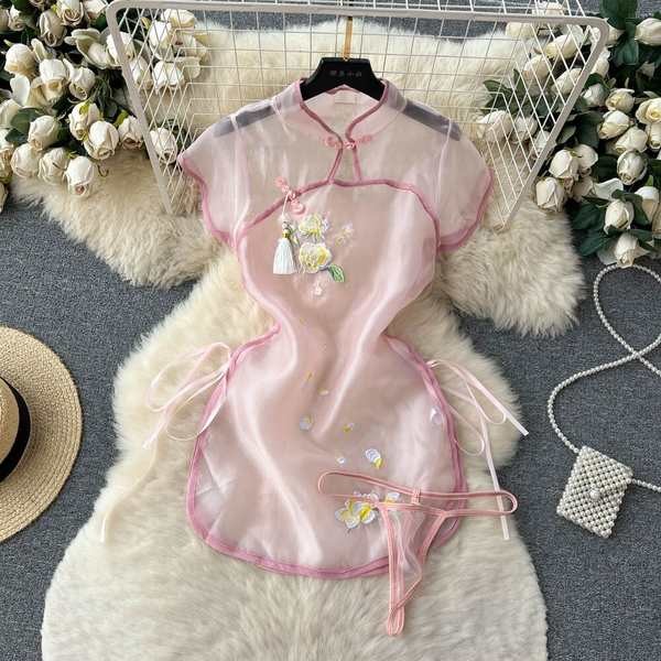 sabina official shop กางในผู้ชาย กี่เพ้าซีทรูย้อนยุคสไตล์จีนแบบสั้นเซ็กซี่บริสุทธิ์ชุดนอนผ้าตาข่ายลู