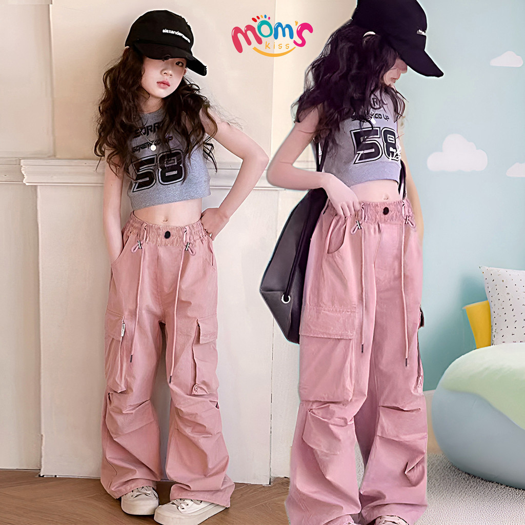 กางเกงคาร์โก้เด็กผู้หญิงกางเกงขาตรงลําลองใส่สบายเหมาะกับเด็กผู้หญิง