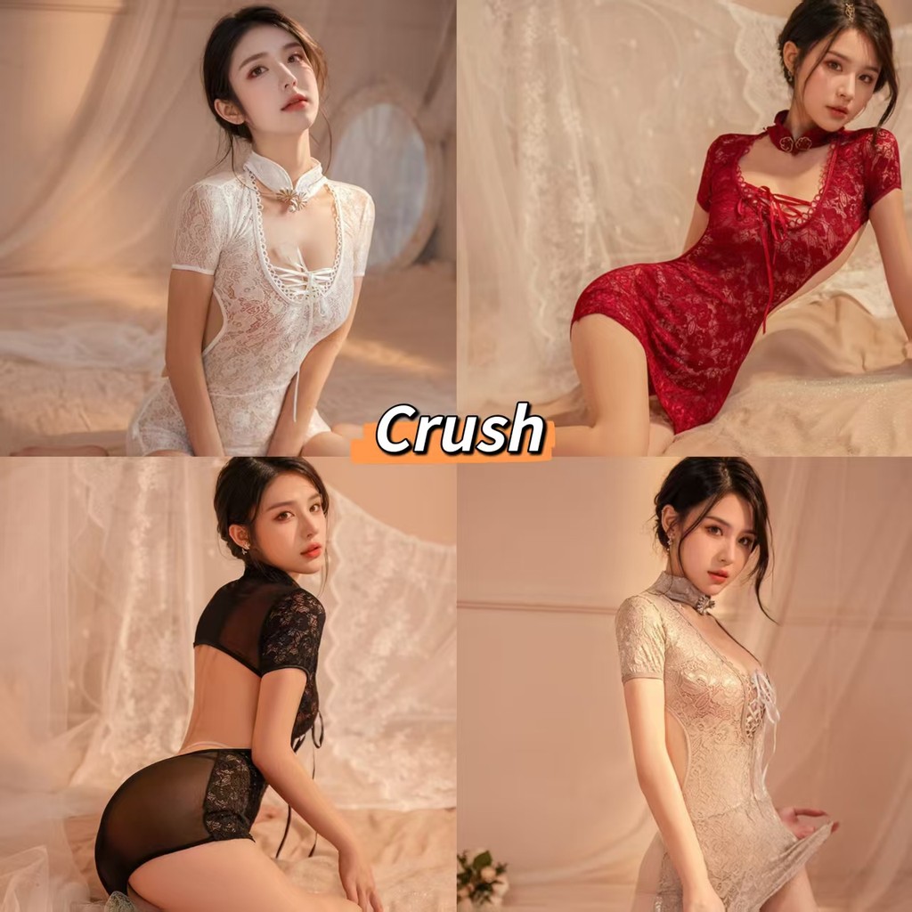 Crush💘 ชุดมินิเดรสแขนสั้น ลายลูกไม้คอจีน ดีเทลแต่งสาย เปิดหลัง 🛒พร้อมส่งจากไทย (QP-10)