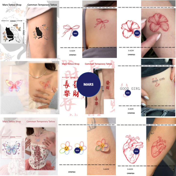 สติ๊กเกอร์รอยสักชั่วคราว Mars TattooCommon Tattoo ติดทนนาน มีหลายแบบ เช่น หัวใจ รอยเท้า และโบว์ผีเสื้อ CMNF000