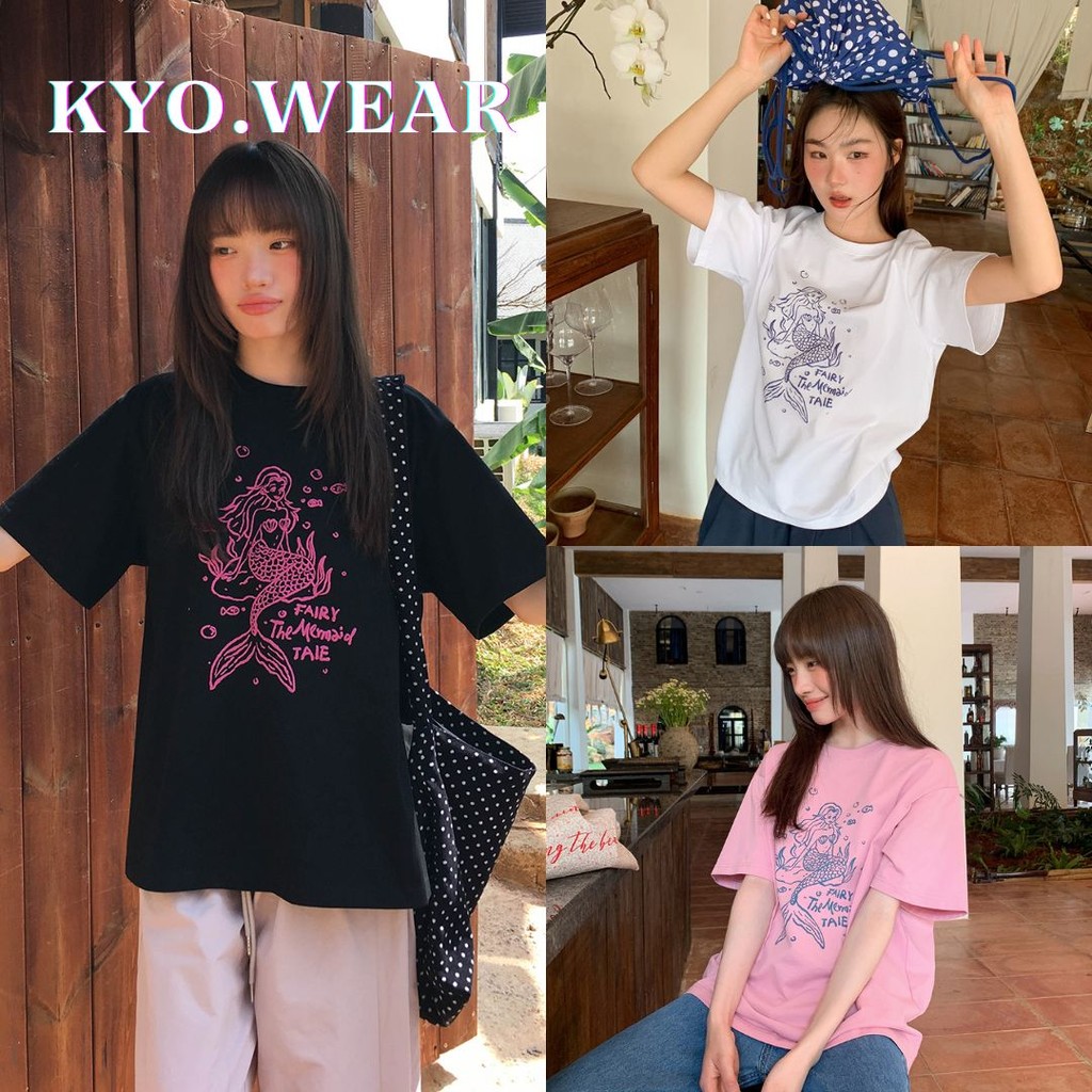 KYO 🌺 เกาหลีสไตล์ ผู้หญิง เสื้อยืด  พิมพ์ลาย "mermaid" ผ้าCOTTON โคตรนุ่ม  ผ้าฝ้ายใส่สบาย OVERSIZE  ส่งจากไทย