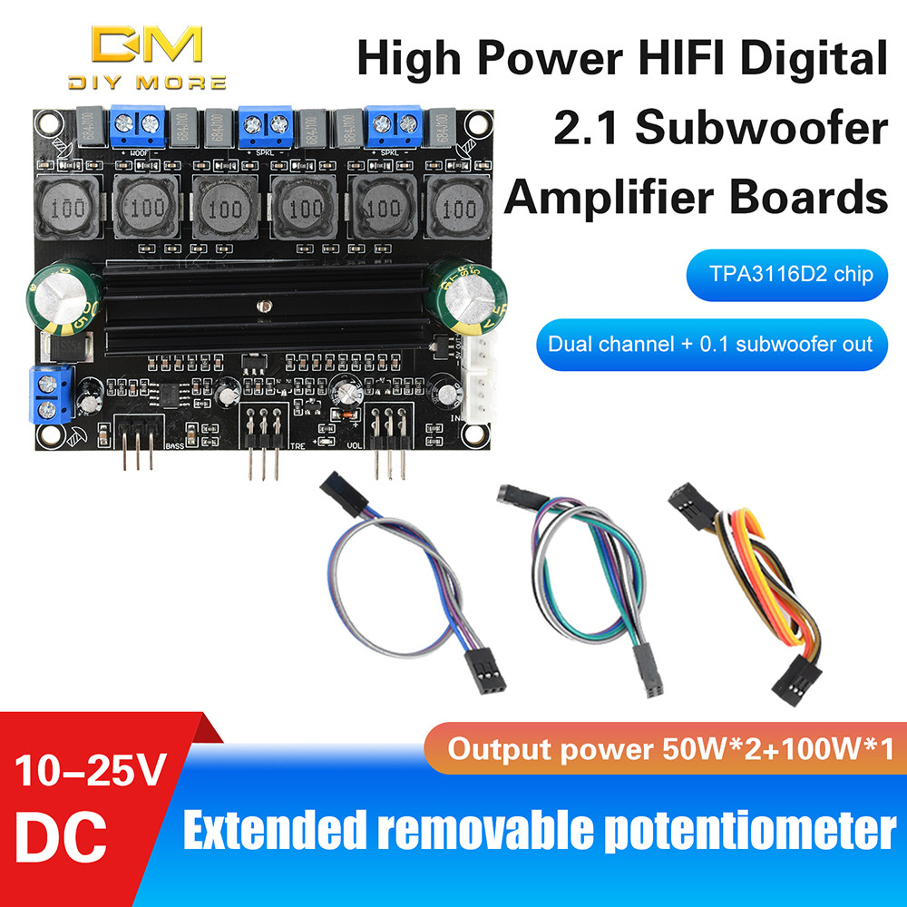 DC 10-25V TPA3116D2 Audiophile HIFI เครื่องขยายเสียงดิจิตอล 50W * 2 + 100W สูง 2.1 ช่องซับวูฟเฟอร์พร้อมสายต่อ