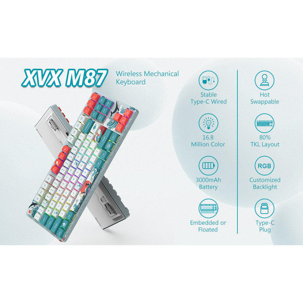 XVX M87 TKL Mechanical Keyboard, Hot Swappable Wireless Gaming Keyboard 87 คีย์, RGB Backlit Custom 