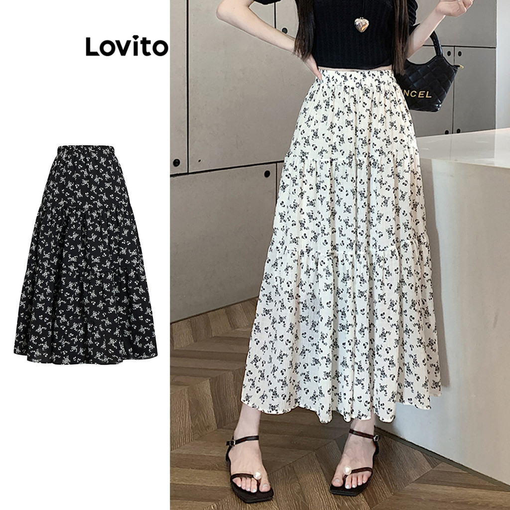 (KOL‘s pick) Lovito วันหยุด กระโปรง ทรงบอลกาวน์ ลายดอกเดซี่ สำหรับผู้หญิง LNE17088 (สีขาว)