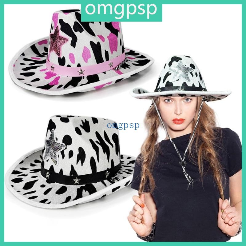 OMG Cowgirls Pattern Star Embellished Cowgirls Hat Unisex สําหรับกิจกรรมสวมใส่ทุกวัน