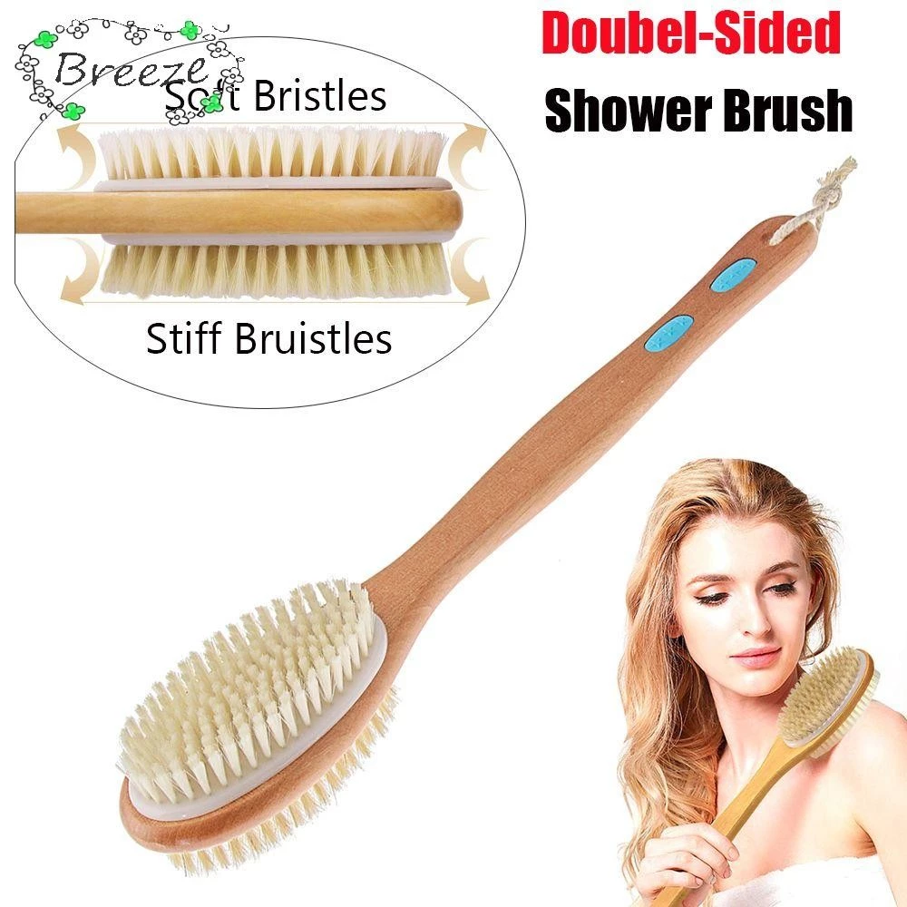 BREEZE Shower Brush Natural Wooden Soft&Stiff with Long Wooden Head Double Side Head