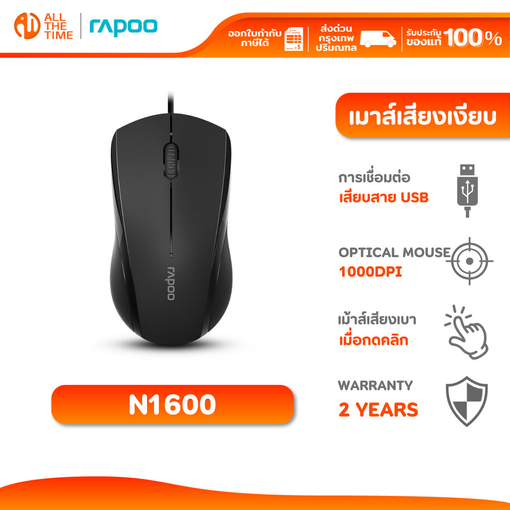 RAPOO N1600 SILENT OPTICAL MOUSE เสียงคลิกเบา ออกแบบตามหลักสรีรศาสตร์ ใช้งานได้สองมือ
