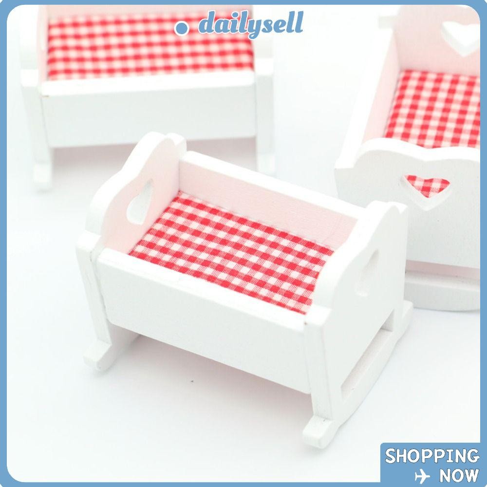 DAILY Dollhouse Miniature Bed, Solid Wooden Mini Wooden Bed, 1/12 เฟอร์นิเจอร์จําลองโมเดลตกแต่งตุ๊กต