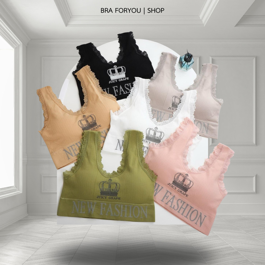 Bra Foryou บราแฟชั่นขอบลายลูกไม้สวยน่ารัก สาวหวานต้องมี สกรีนลาย มีฟองน้ำในตัว 6 สี (2035-2) เสื้อผ้