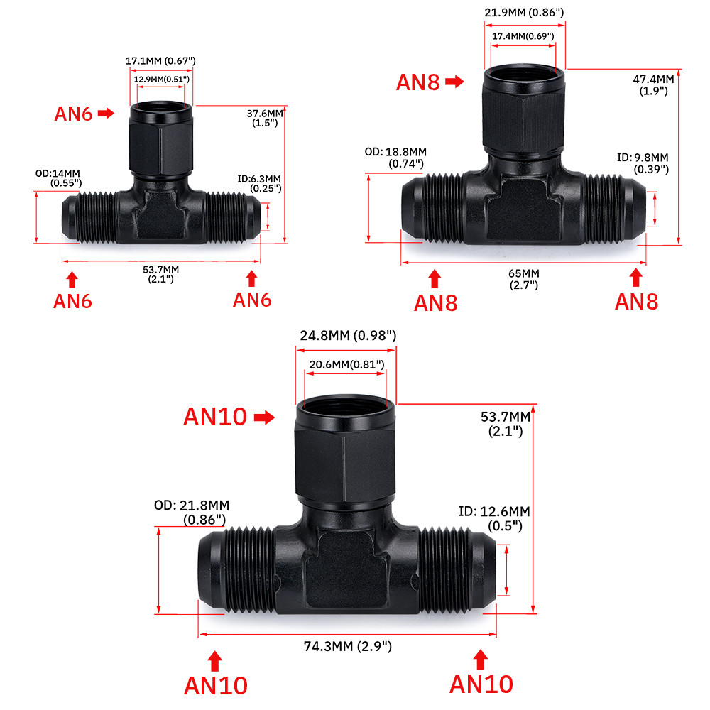 G2PCS AN6 AN8 AN10 Female To Male  Flare Tee Fitting Tee On Side Thread Fitting Adapter Black 2 Pack