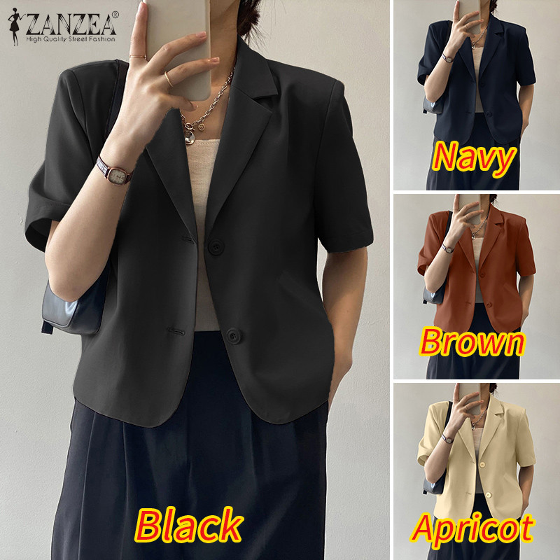 ZANZEA เสื้อเบลาส์แขนสั้น สไตล์เกาหลี แบบปกยืนสำหรับผู้หญิง เปิดด้านหน้า - รูปที่ 2