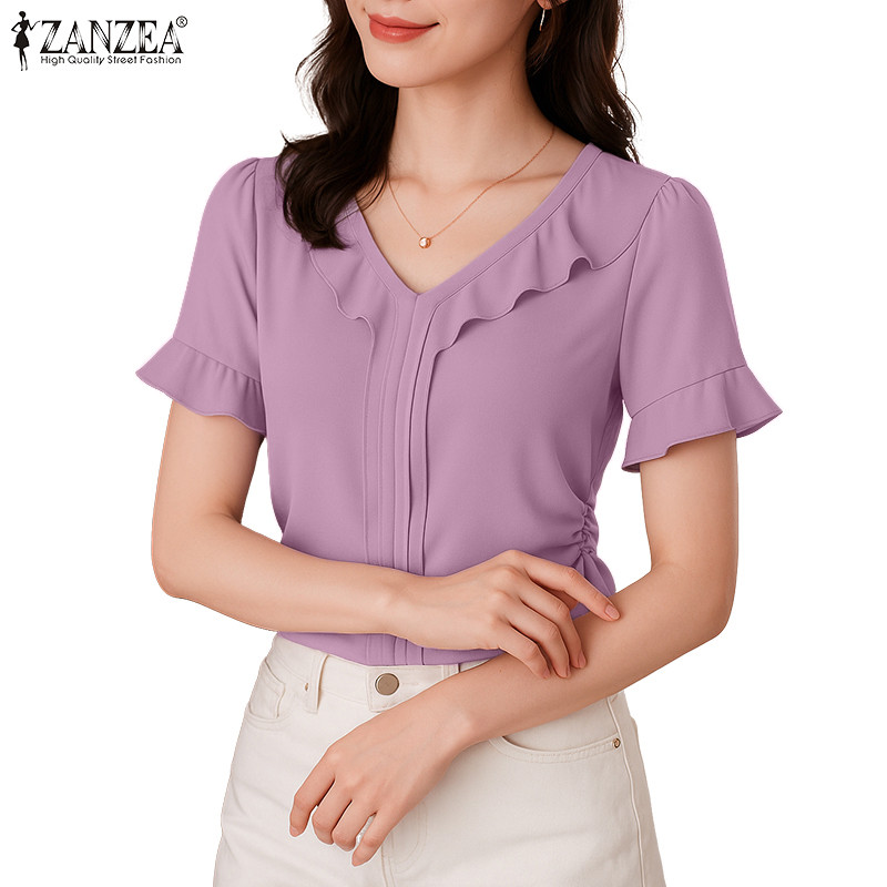 ZANZEA เสื้อเบลาส์แขนสั้นแบบคอกลมสำหรับผู้หญิง