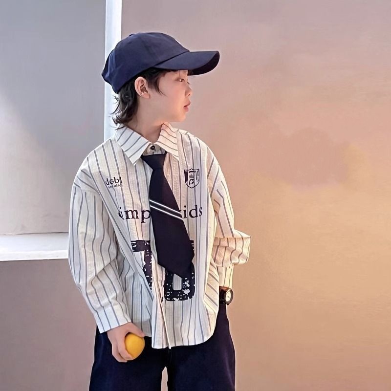 เสื้อลายทางแขนยาวสำหรับเด็กชาย ฤดูใบไม้ผลิ สไตล์ย้อนยุคสมัยใหม่ แบบกระโหลก อินเทรนด์สำหรับเด็กโต