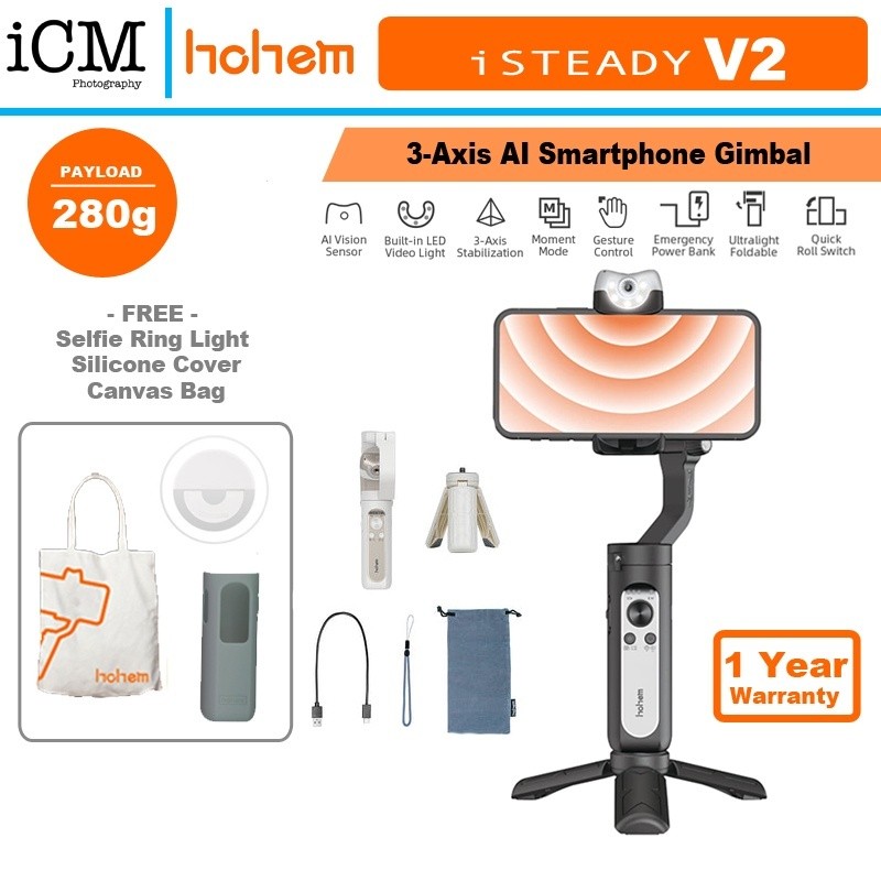 Hohem iSteady V2 3 แกน AI สมาร์ทโฟนกิมบอลโคลงพร้อมไฟ LED ในตัว