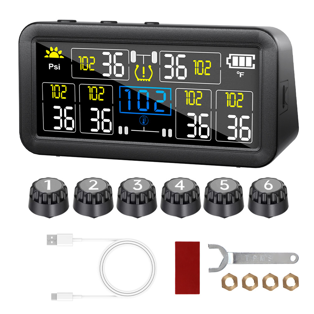 พลังงานแสงอาทิตย์ ทีพีเอ็มเอส 4/6 เซ็นเซอร์ภายนอก 0 ~ 9.9บาร์ รถบรรทุก รถบ้าน ดิจิตอลจอแสดงผล จอแอลซีดี ความดันยางรถปลุกกันน้ํา