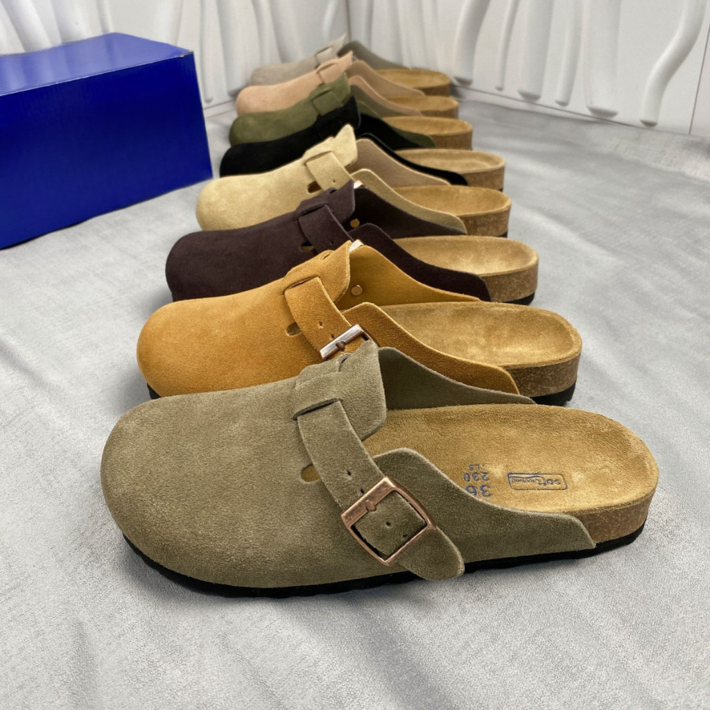Birken Boston Clogs - รองเท้าแตะหนังและหนังนิ่มพร้อมพื้นรองเท้าไม้ก๊อกที่สะดวกสบายเป็นพิเศษสําหรับผู้ชายและผู้หญิง