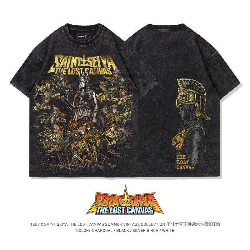 Saint Seiya เสื้อยืดอะนิเมะญี่ปุ่น Saint Twelve Constellation เสื้อยืดสีดํา Retro Washed Top