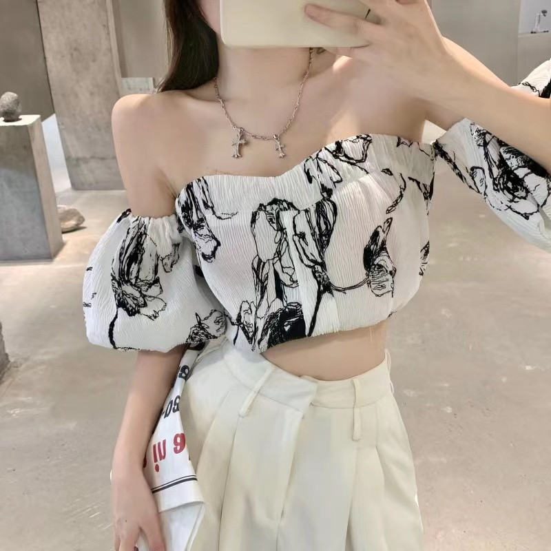 Ink Print One-Shoulder Chiffon Top with Puff Sleeves