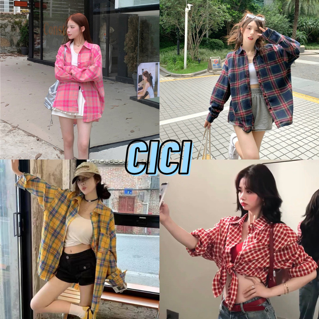 ส่งทันที Cici(NO. 3017-1)เสื้อเชิ้ตแขนยาวลายสก๊อต ทรงเบสิคใส่คลุมกันแดดหรือแมทต์ก็สวย สไตล์เรโทรอเมริกัน