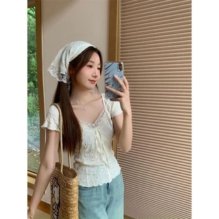 เสื้อแขนสั้น ฤดูร้อน ผู้หญิง สลิม เสื้อยืด ลูกไม้ขึ้น คอวีเสื้อตัวบนและเสื้อเชิ้ต