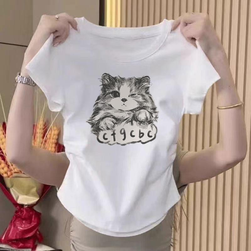 เสื้อรัดรูปเสื้อครอปฤดูร้อนอเนกประสงค์บางบาง คอกลม ทรงสลิมฟิต แสดงผอม เสื้อยืดครอป ลวดลายการ์ตูน เสื้อพิมพ์ลาย เสื้อคร