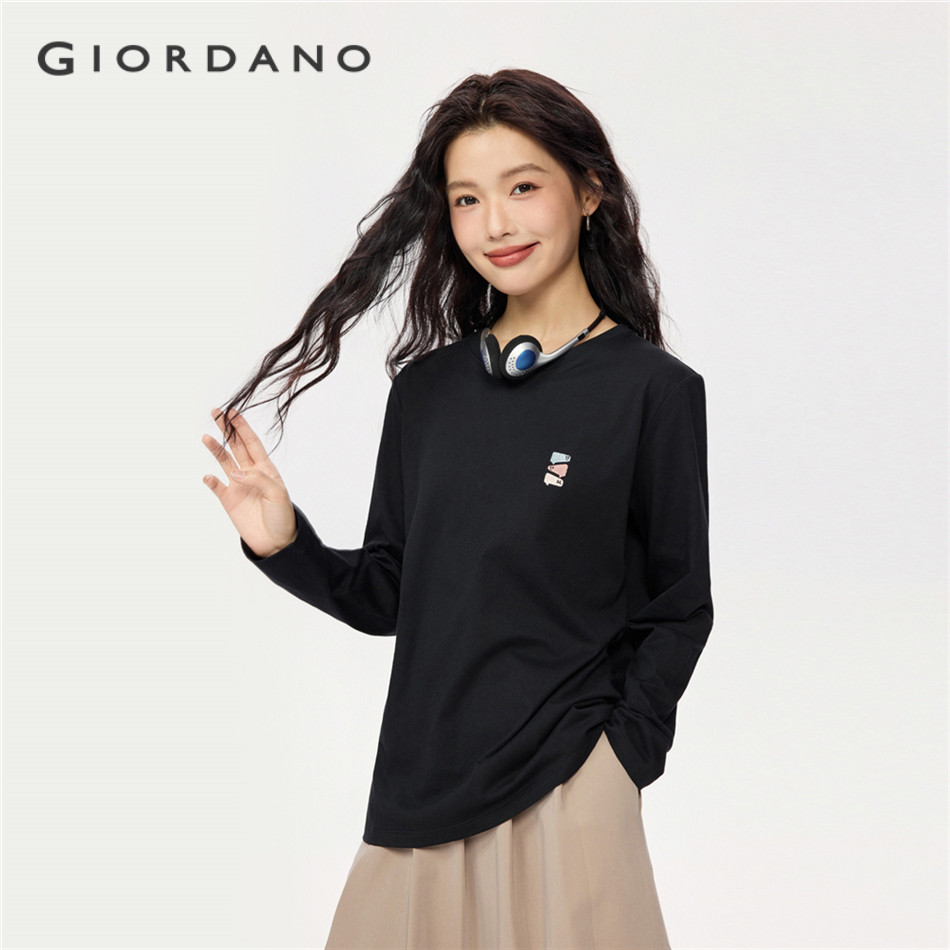GIORDANO WOMEN Sticker embroidery long sleeve cotton tee 13325696