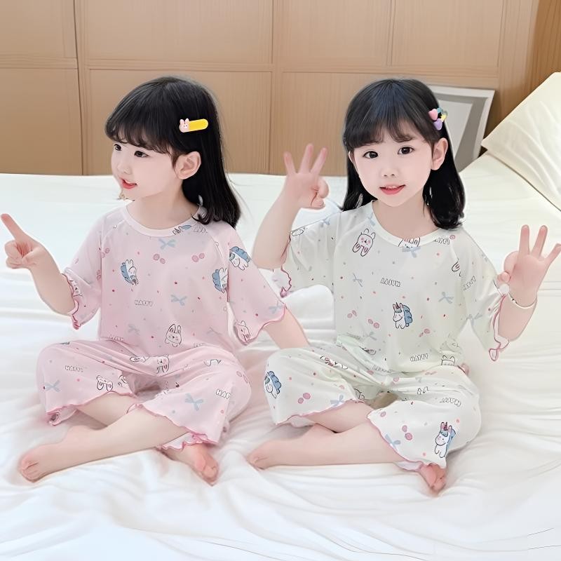 ชุดนอนลายใหม่สำหรับเด็กผู้หญิง ขนาด 90-140 ซม., แบบบาง สไตล์ใหม่, แขนสั้น, ทำจากผ้าไหมน้ำแข็ง, เย็นสบายในฤดูร้อน