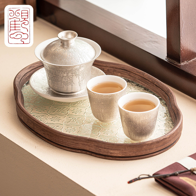 [Guanyun] ผู้ผลิต 999 Gilt Silver Youth Festival ชุดน้ําชาไม้ไผ่สีเขียวหรูหรา High-End ครัวเรือน Kun