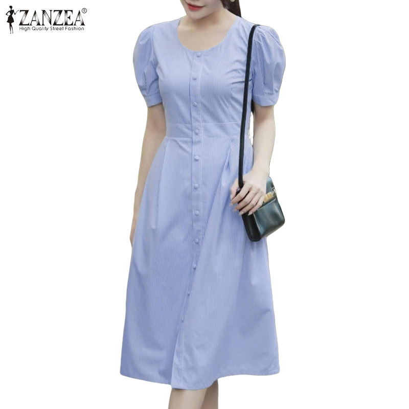 ZANZEA ชุดเดรสแขนพัฟคอ O สไตล์เกาหลี มิดิ A-line