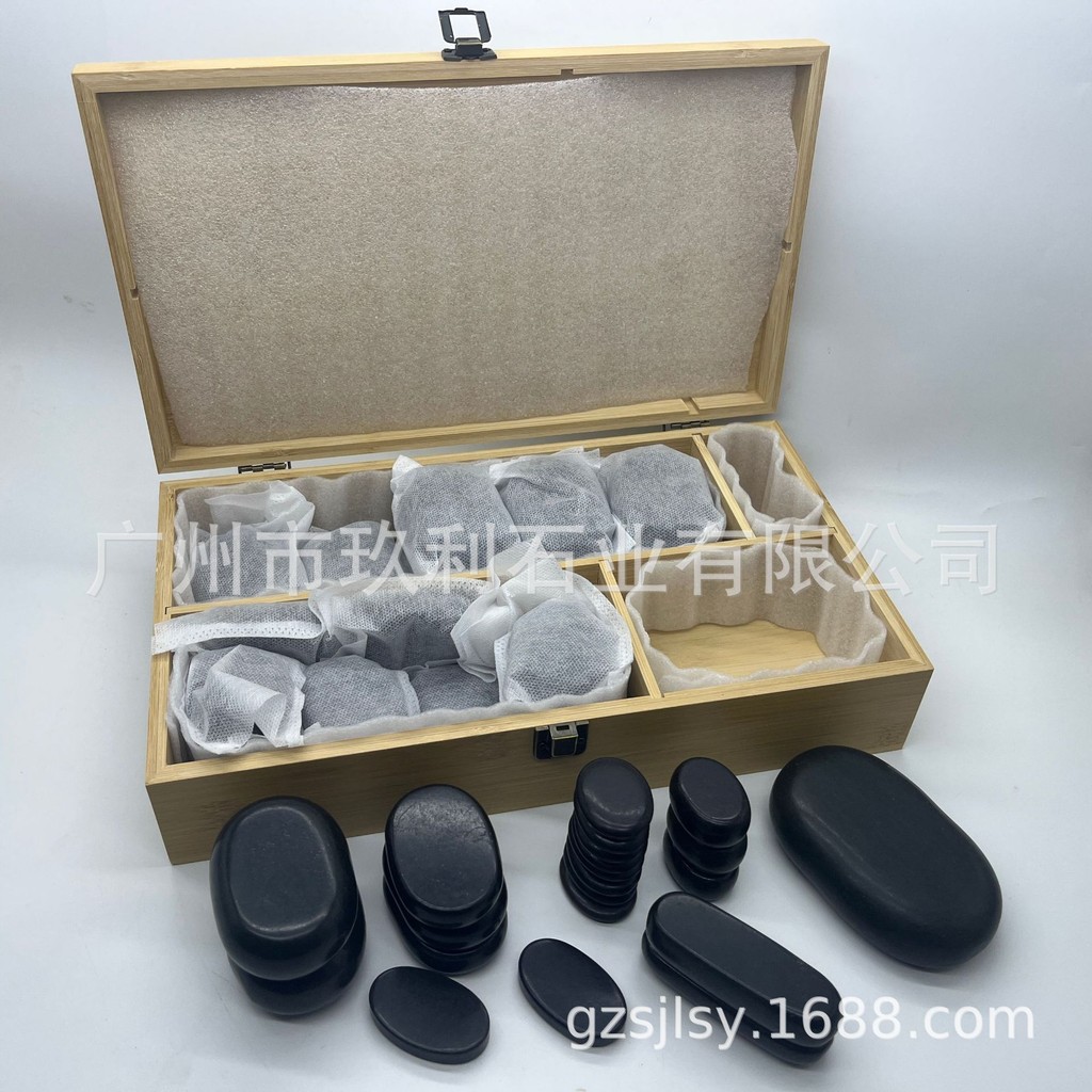 Energy Stone ชุดกล่องไม้ไผ่ หินนวด Thai SPA Hot Stone Beauty Volcanic Stone Essential Oil Stone สุขภ