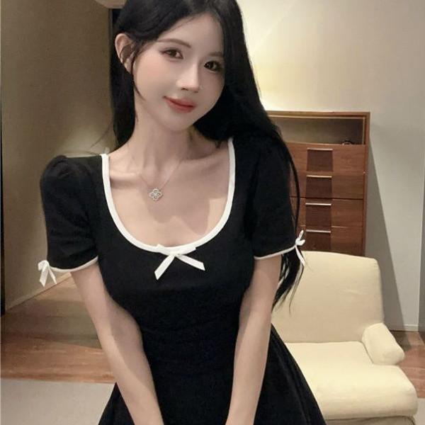 👗ชุดเดรส,👗ออกแบบพรีเมี่ยมกระโปรงรูปตัว A กระโปรงสีดำขนาดเล็กพอดีกระโปรงสั้นฤดูร้อนโบว์สไตล์ฝรั่งเศสกระโปรงสั้น