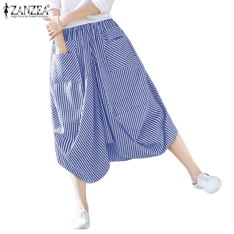 ZANZEA ใส่ ซานเซีย ผู้หญิงเกาหลีสันทนาการเอวยางยืดแพทช์กระเป๋าลายหลวมกางเกงขากว้างตัด