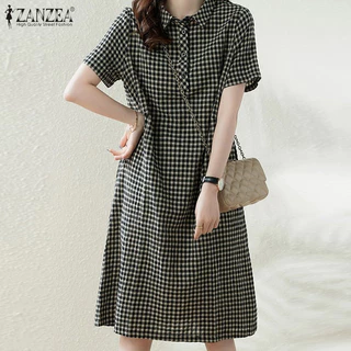 ZANZEA ใส่ ซานเซีย ผู้หญิงเกาหลีสบายๆหลวมแขนสั้นลายสก๊อตพิมพ์ชุดไม่มีกระเป๋า