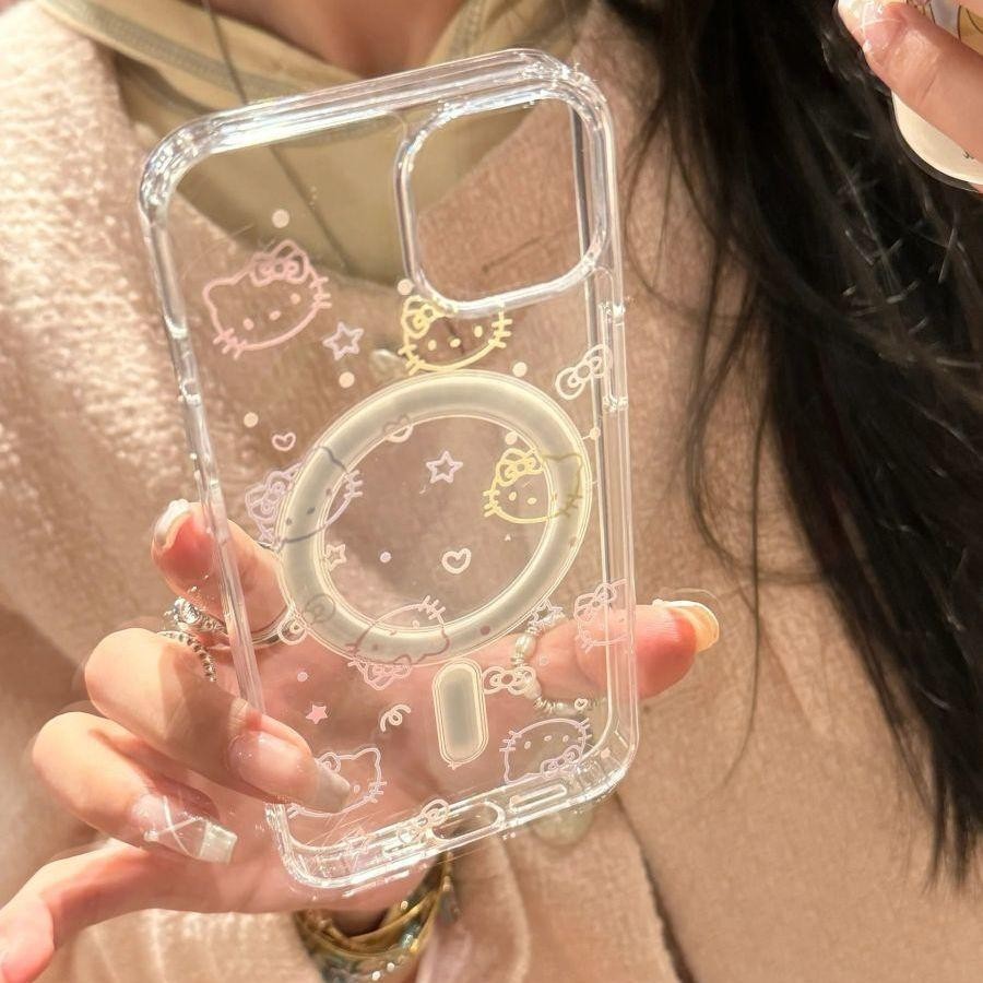 Huiwanju เคสแม่เหล็กเบาและบางเหมาะสําหรับ iPhone15/14promax เคสโทรศัพท์มือถือ 13Pro สายการ์ตูน KT แมว 11/12Pro ใหม่ xr ขอบนุ่มอะคริลิค backplane xsmax สร้างสรรค์ xs