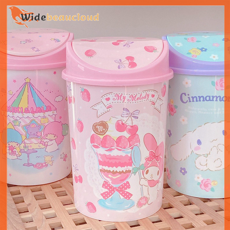 Widebeaucloud การ์ตูนเดสก์ท็อปถังขยะ Kawaii Kuromi Melody Cinnamoroll น่ารัก Flip Cover ตะกร้ากระดาษสําหรับห้องนอนตกแต่งห้อง Nice