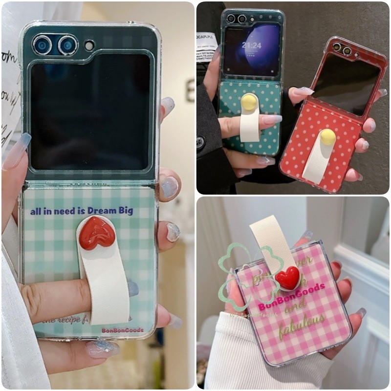 น่ารัก Wave Point Lattice Case Casing Samsung Galaxy Z Flip 6 Z Flip 5 Z Flip 4 Z Flip 3 Cover with Love Heart Ring Slim Clear กันกระแทกฝาหลังเชลล์