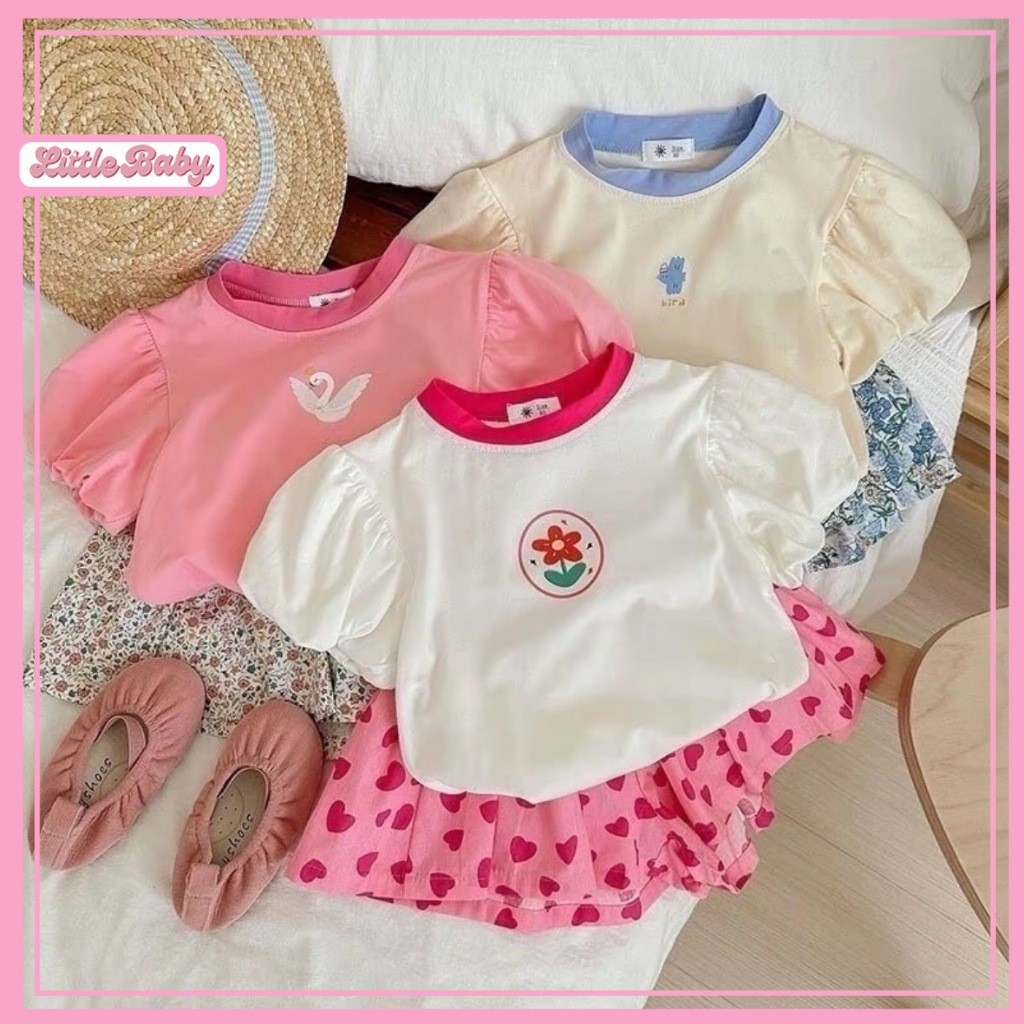ชุดเซ็ท2ชิ้นเสื้อแขนตุ๊กตา 3สีสุดน่ารักสไตล์เกาหลีสกรีนลายดอกไม้ สีพาสเทลสดใส น้ำหนัก5-25กิโล รหัสBV