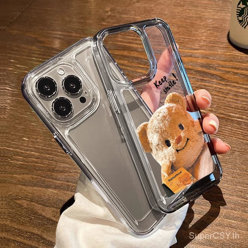 เคสโทรศัพท์มือถือสำหรับ iPhone x XS XR xsmax 11 12 13 14 15 Pro Max PLUS น่ารักเนยหมีเปลือกนิ่มใสโลหะหุ้มด้วยปุ่มกดป้องกันการตกกระแทกเคสโทรศัพท์มือถือ xsis
