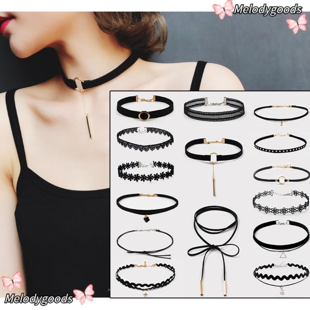 Melodg Choker สร้อยคอลูกไม้สีดํา แฟชั่นลูกไม้ Elegant Punk สไตล์ส่วนบุคคล Claviular Chain ของขวัญ