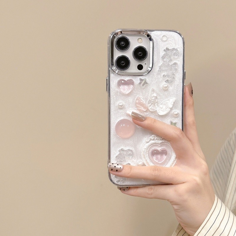 3d สีชมพู Love กรอบรูป Dropping กาว Hard Case สําหรับ iPhone 11 12 13 14 15 Pro Max สีขาว anti fall ฝาครอบปลอก