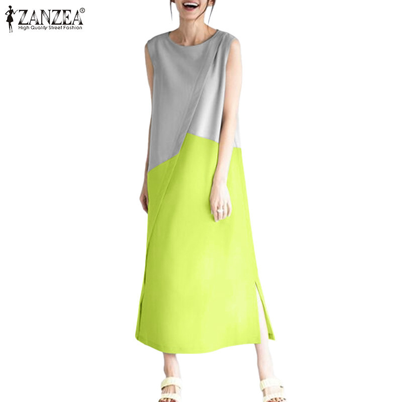 ZANZEA ใส่ ซานเซีย ผู้หญิงเกาหลีหรูหราแขนกุดหลวมรอบคอคมชัดสีตรงชุด