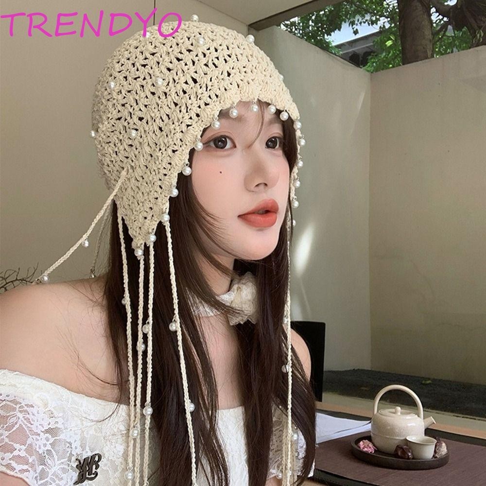 Trendyo Hollow Pearl Tassels หมวกถัก,โครเชต์ดอกไม้ Hollow Out หมวกถัก, Casual Beanies สานหมวก Handmade สไตล์ชาติพันธุ์หมวกสาว