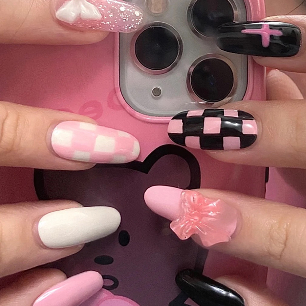 FREE Glue2024 ใหม่ล่าสุด 24 ชิ้น Nail Art เล็บปลอมฝรั่งเศสชุดกาวอะคริลิค Full Nail X50