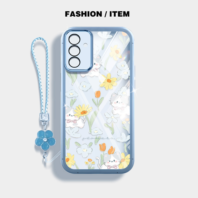 SAMSUNG น่ารักดอกไม้และแมวกันกระแทกเคสโทรศัพท์สําหรับsamsung Galaxy A55 A35 A25 A54 A34 A16 5G A15 A14 A13 4G 5G A24 A04S 4Gปลอกโปร่งใสฝาครอบป้องกันพร้อมเชือกแขวนดอกไม้