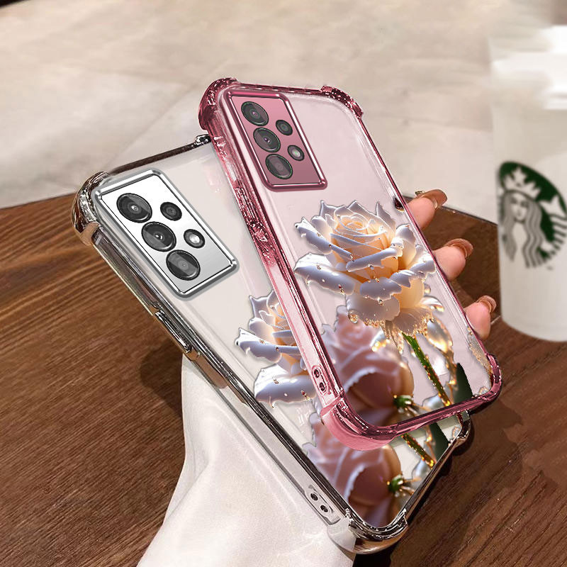SAMSUNG พร้อมฟิล์มเลนส์เคสสําหรับSamsung A32 4g a32 5g a52 เคสโทรศัพท์ล่าสุดชุบไฟฟ้าการ์ตูนคริสตัลRoseรูปแบบAnti DROPและกันกระแทกเคสโทรศัพท์แบบนุ่ม